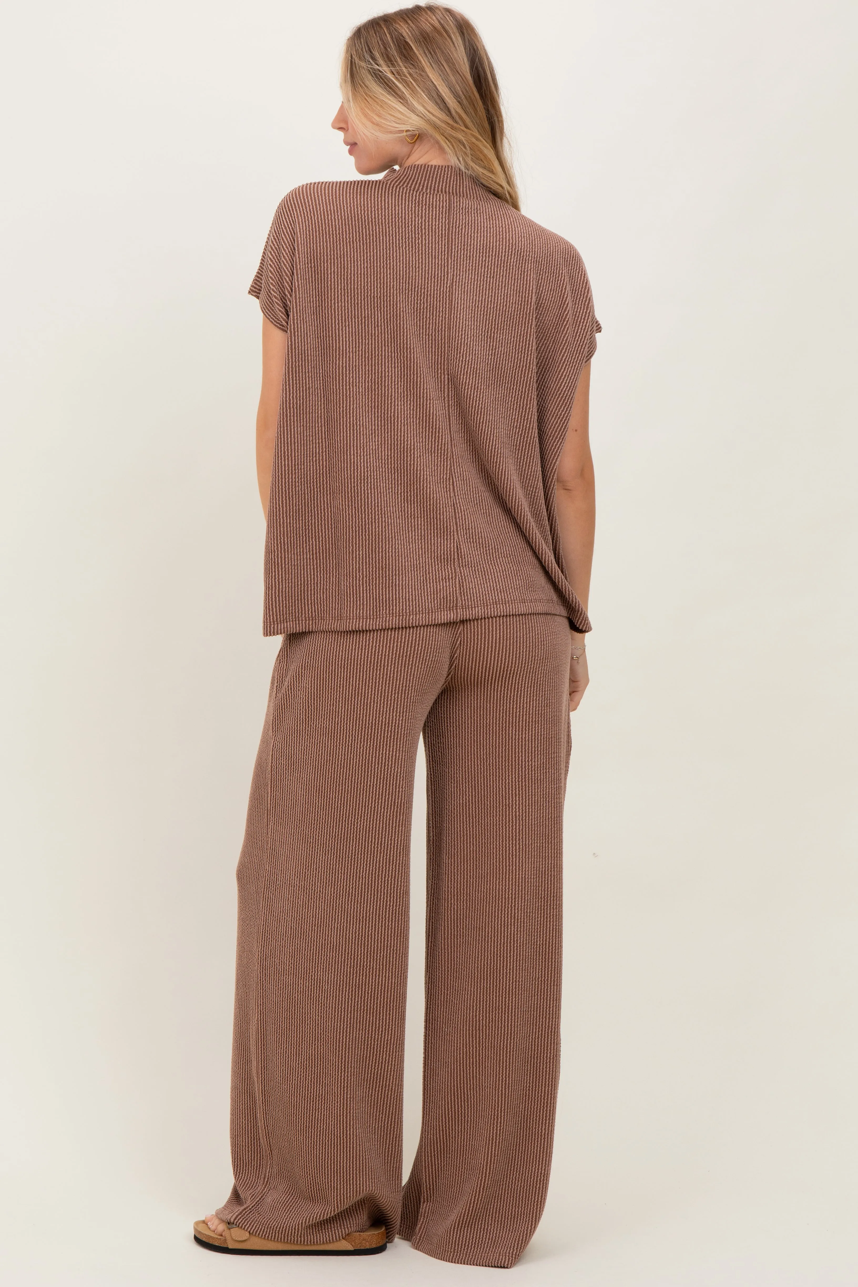 Brown Textured Rib Mock Neck Short Sleeve Pant Set sold by Pinkblush product image thumbnail 3