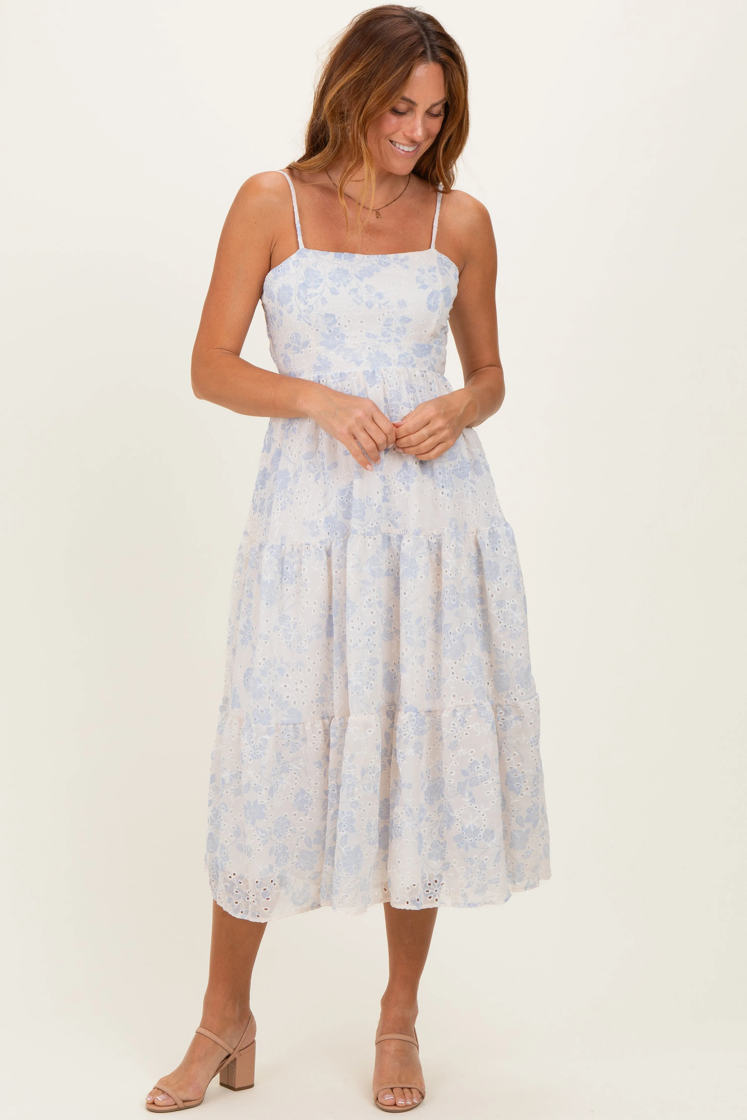 Cream Floral Eyelet Lace Tie Back Midi Dress sold by Pinkblush