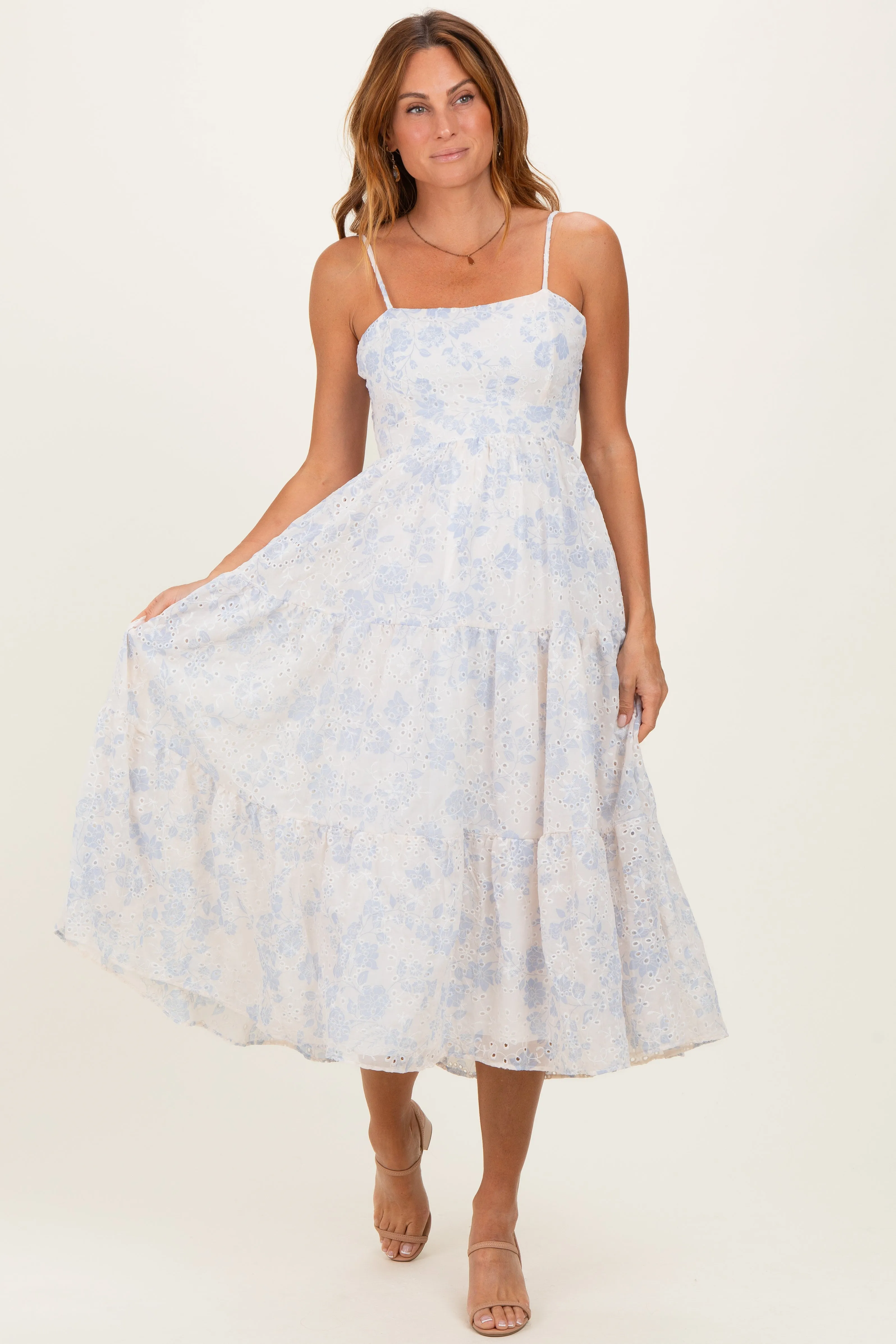 Cream Floral Eyelet Lace Tie Back Midi Dress sold by Pinkblush product image thumbnail 2