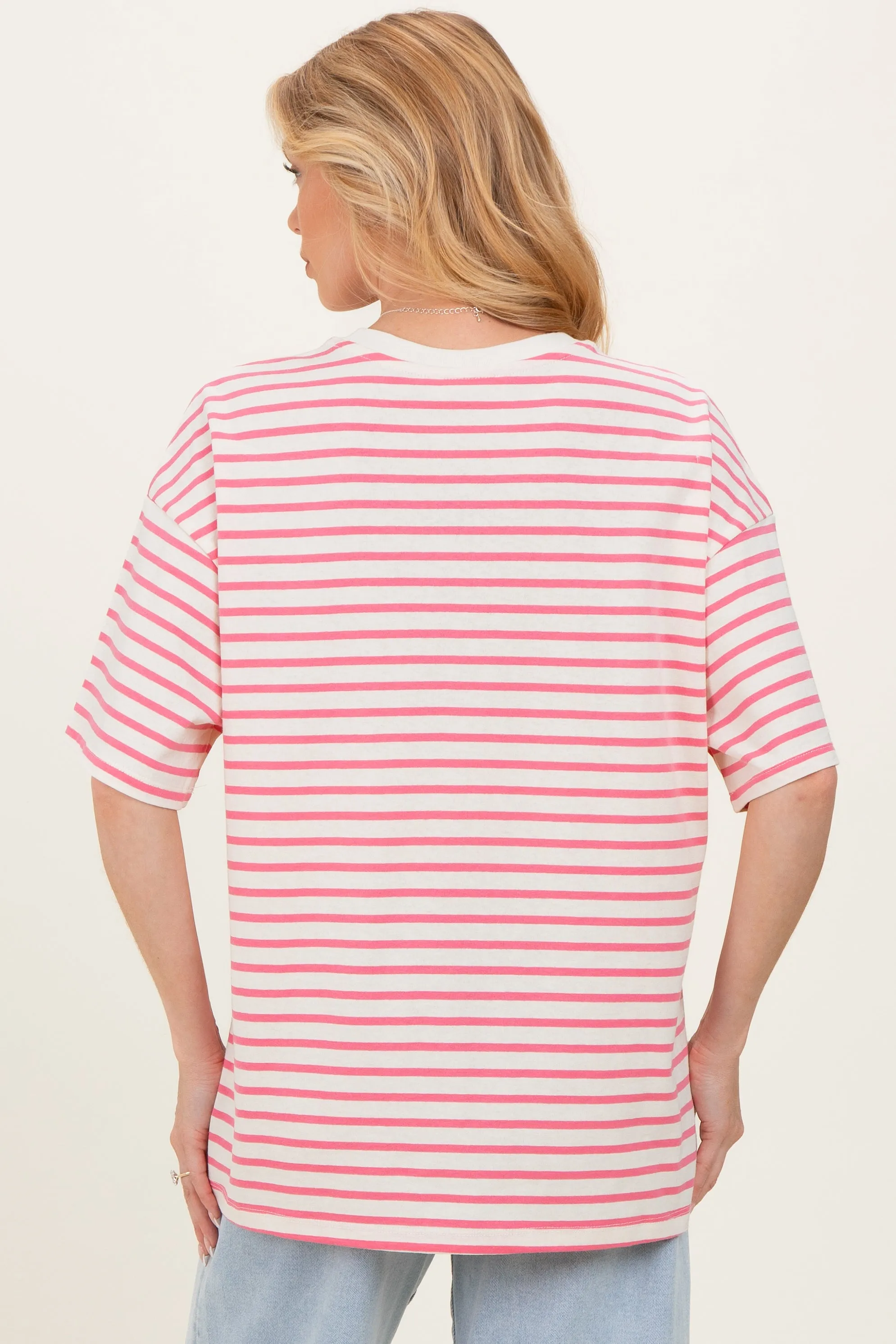 Pink Striped Short Sleeve Crew Neck Oversized Cotton Maternity Top sold by Pinkblush product image thumbnail 3