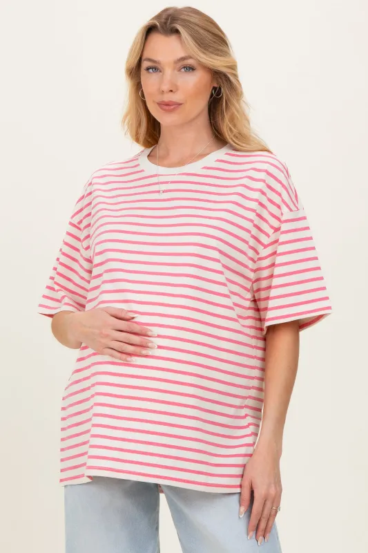 Pink Striped Short Sleeve Crew Neck Oversized Cotton Maternity Top made by HYFVE