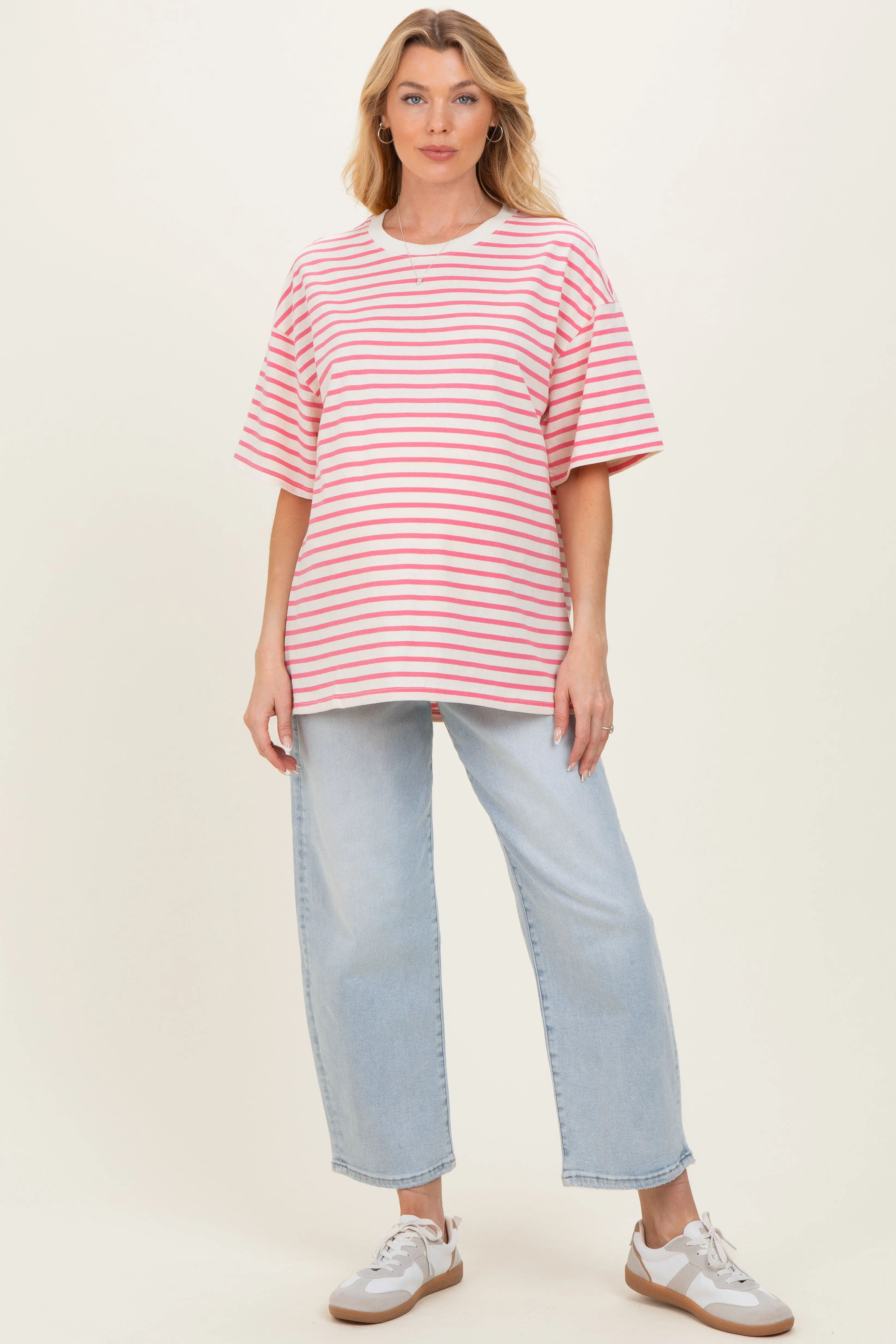 Pink Striped Short Sleeve Crew Neck Oversized Cotton Maternity Top sold by Pinkblush product image thumbnail 2