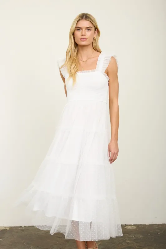 White Smocked Polka Dot Tulle Midi Dress made by Blu Pepper