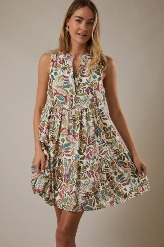 Multicolor Leaf Print Sleeveless Tiered Dress made by Gilli