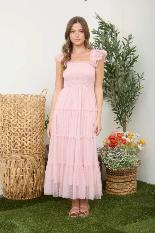 Light Pink Smocked Polka Dot Tulle Midi Dress made by Blu Pepper