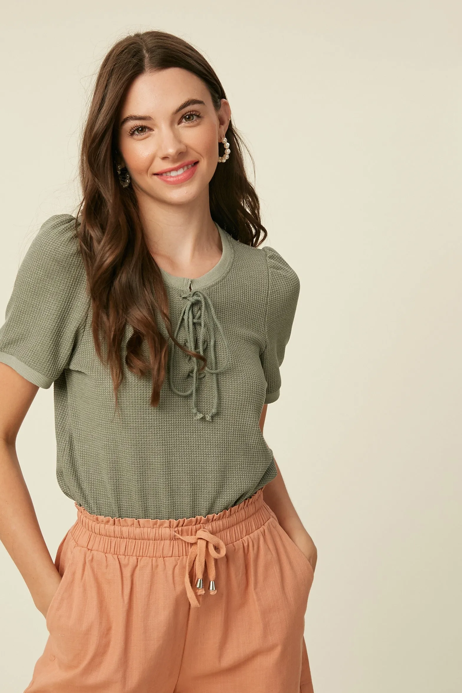 Olive Waffle Knit Lace-Up Top sold by Pinkblush product image thumbnail 2
