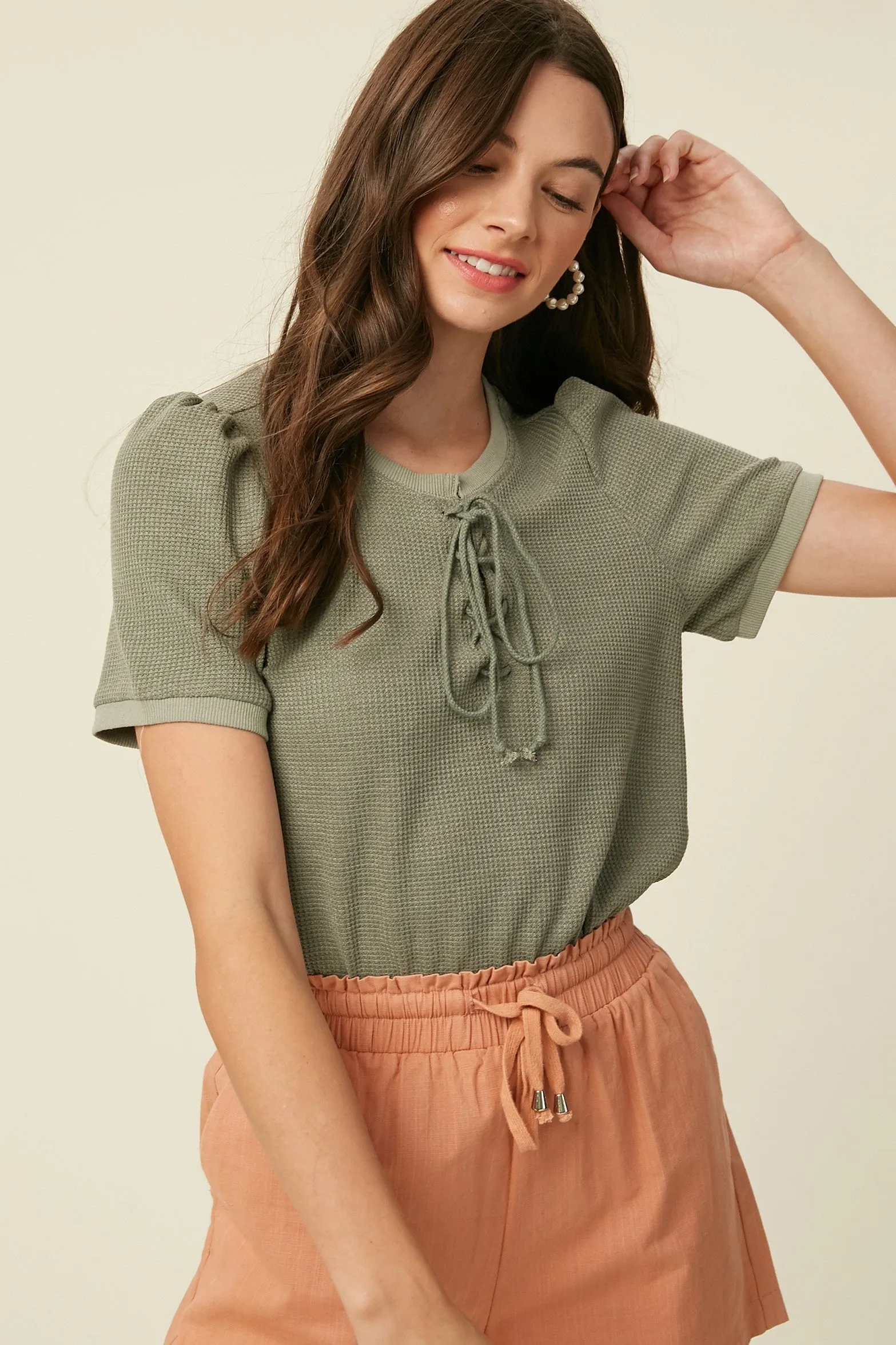 Olive Waffle Knit Lace-Up Top sold by Pinkblush
