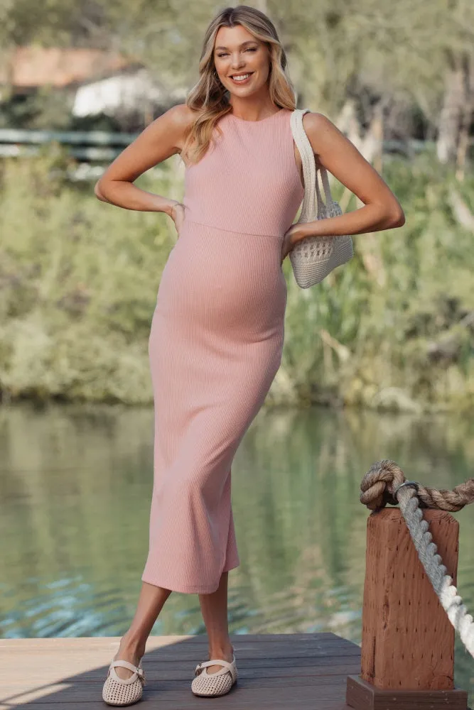 Peony Knit Open Tie Back Sleeveless Maternity Midi Dress sold by Pinkblush