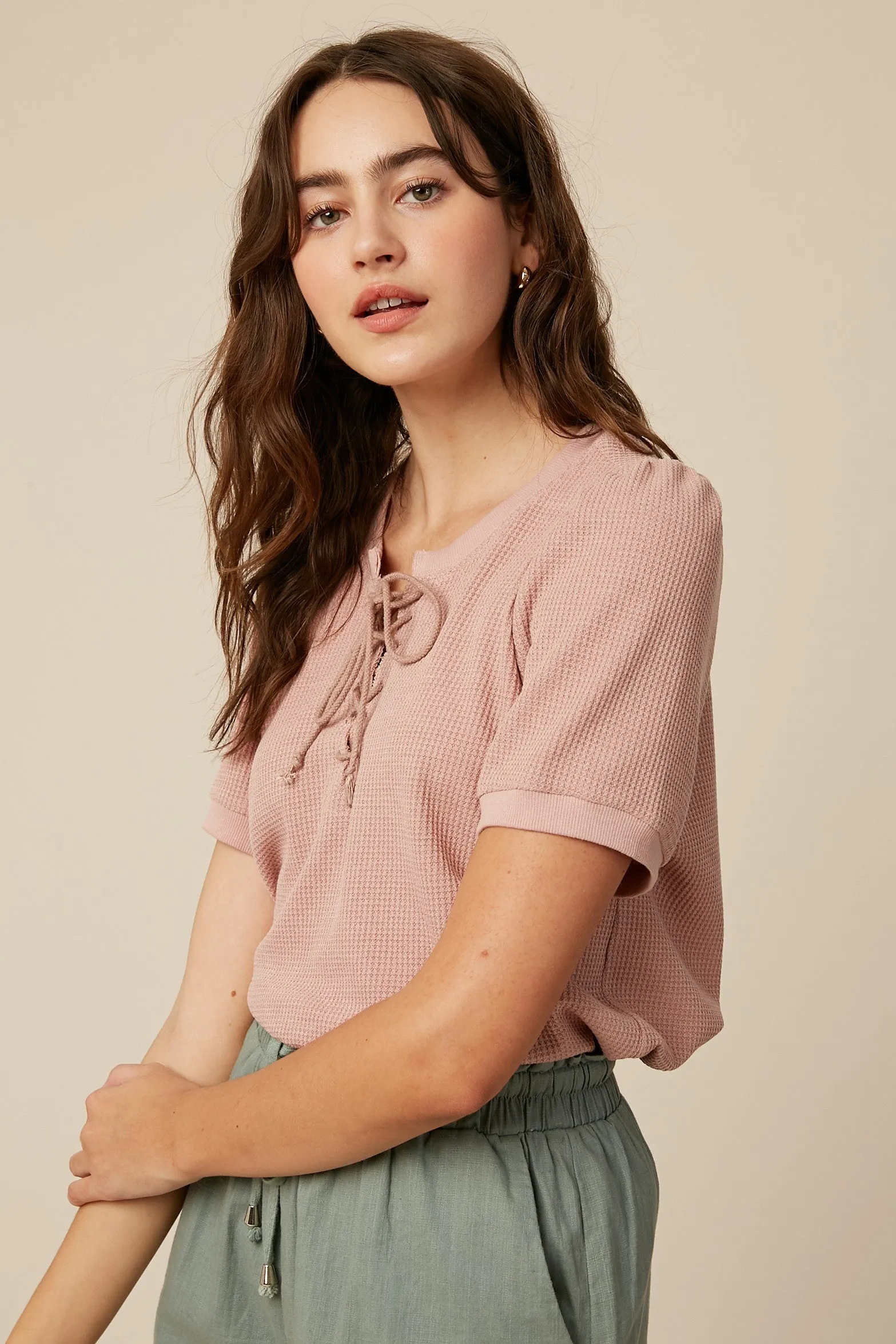 Blush Waffle Knit Lace-Up Top sold by Pinkblush product image thumbnail 4