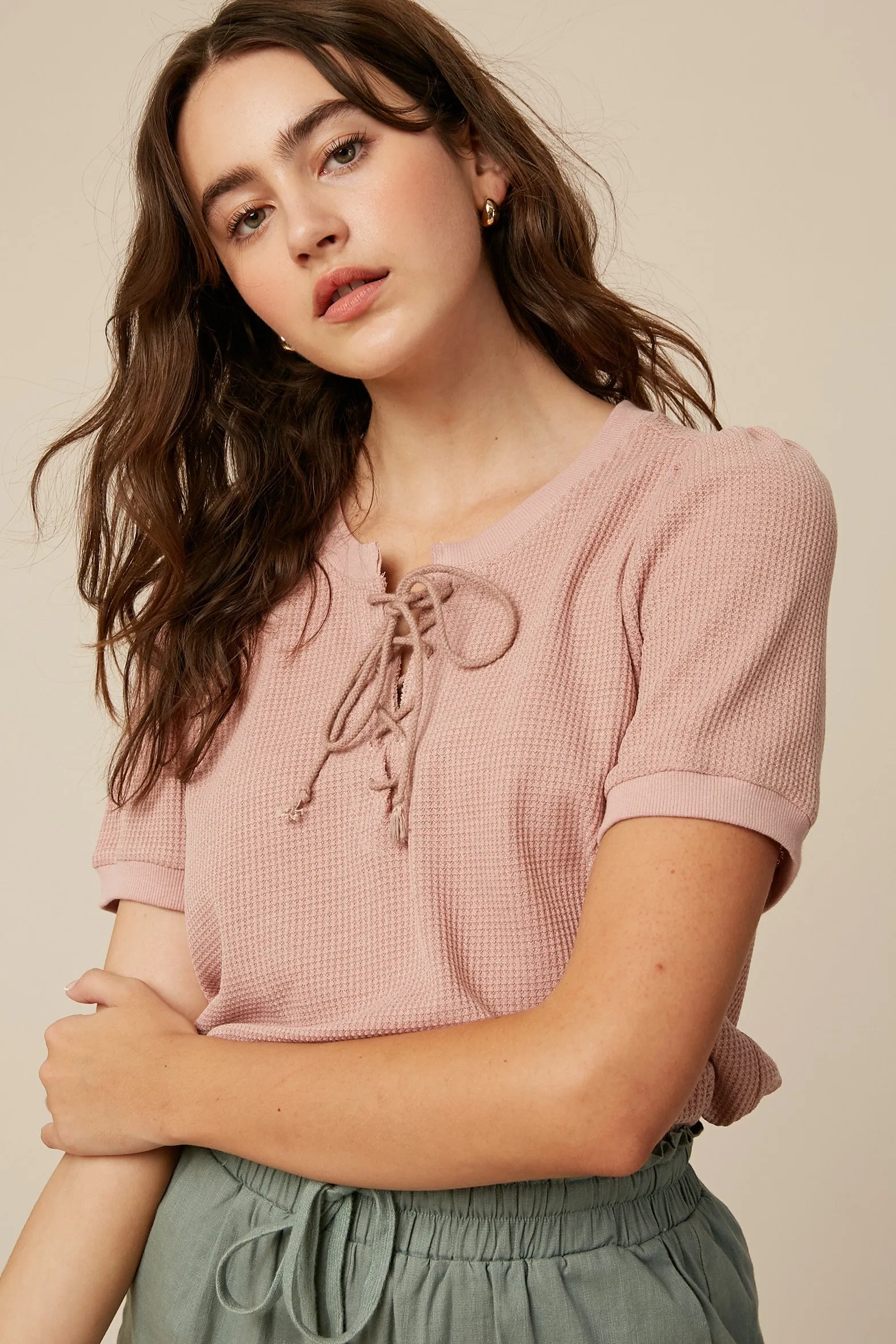 Blush Waffle Knit Lace-Up Top sold by Pinkblush
