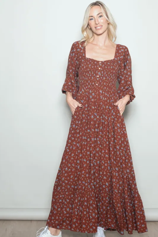 Mahogany Floral Smocked Button Accent Maxi Dress made by Pinkblush