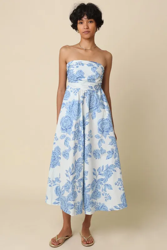 Blue Blossom Print Strapless Maxi Dress made by Olivaceous