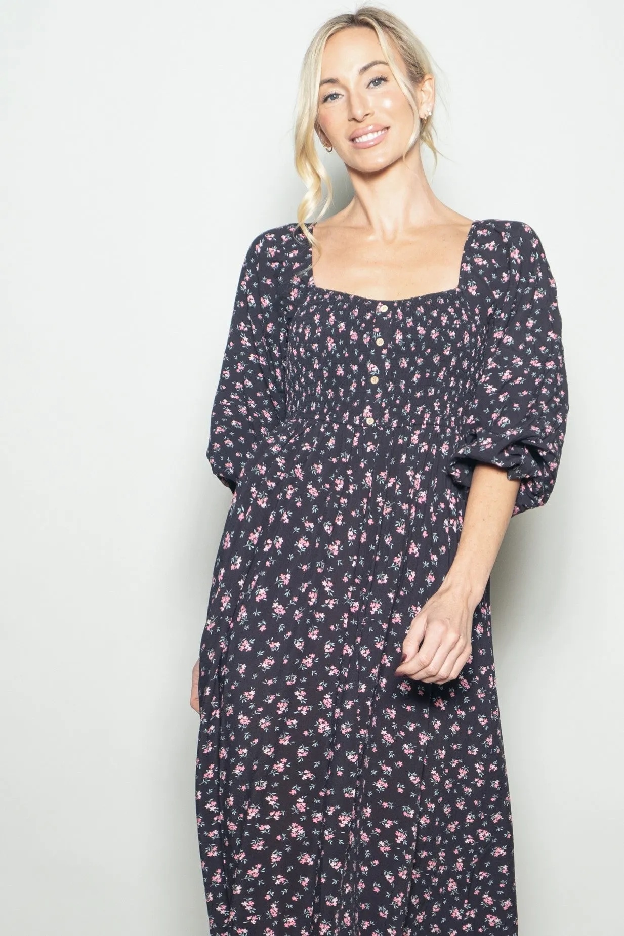 Navy Floral Smocked Button Accent Maxi Dress sold by Pinkblush product image thumbnail 4