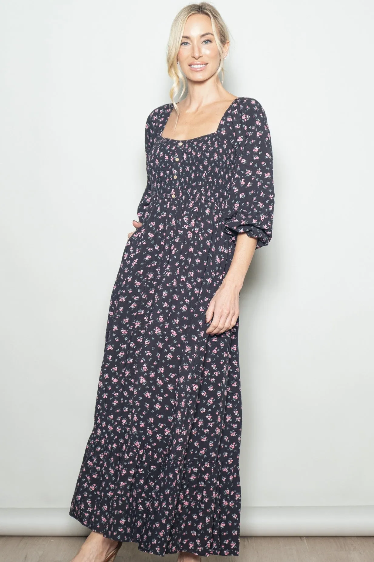 Navy Floral Smocked Button Accent Maxi Dress sold by Pinkblush