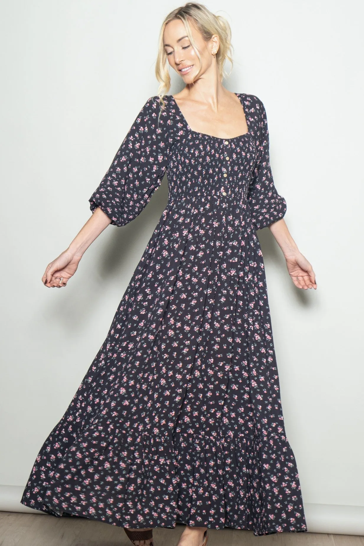 Navy Floral Smocked Button Accent Maxi Dress sold by Pinkblush product image thumbnail 2