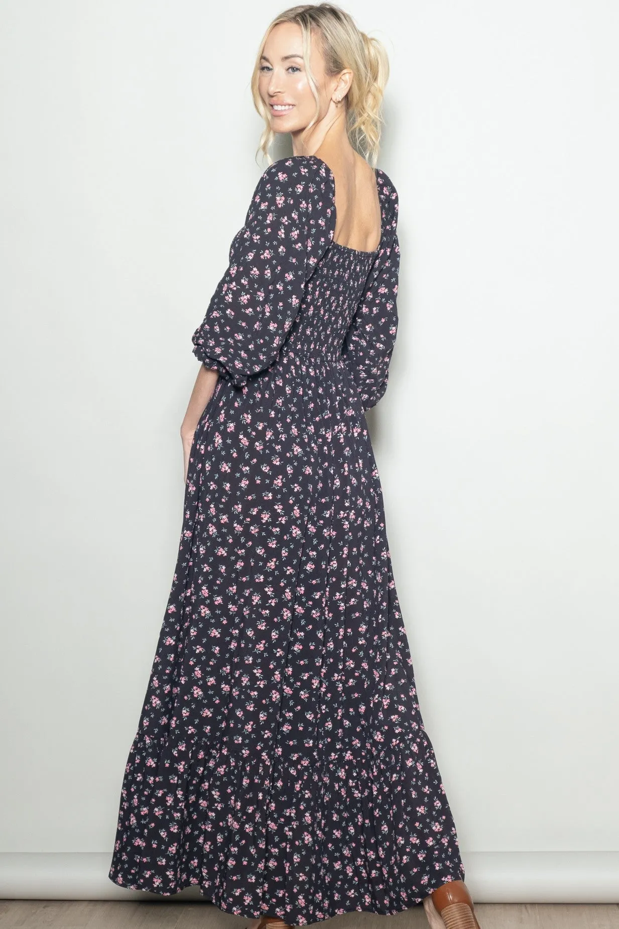 Navy Floral Smocked Button Accent Maxi Dress sold by Pinkblush product image thumbnail 3