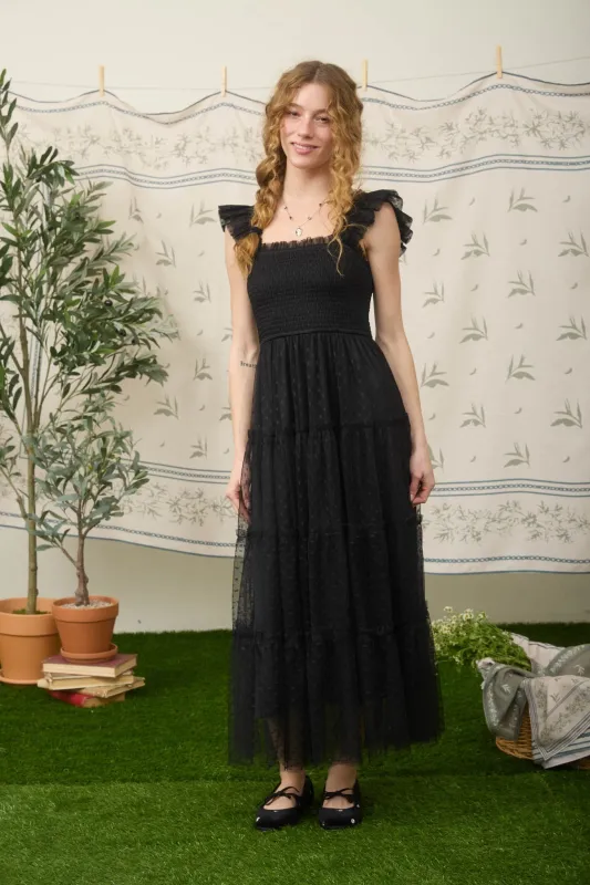Black Smocked Polka Dot Tulle Midi Dress made by Blu Pepper
