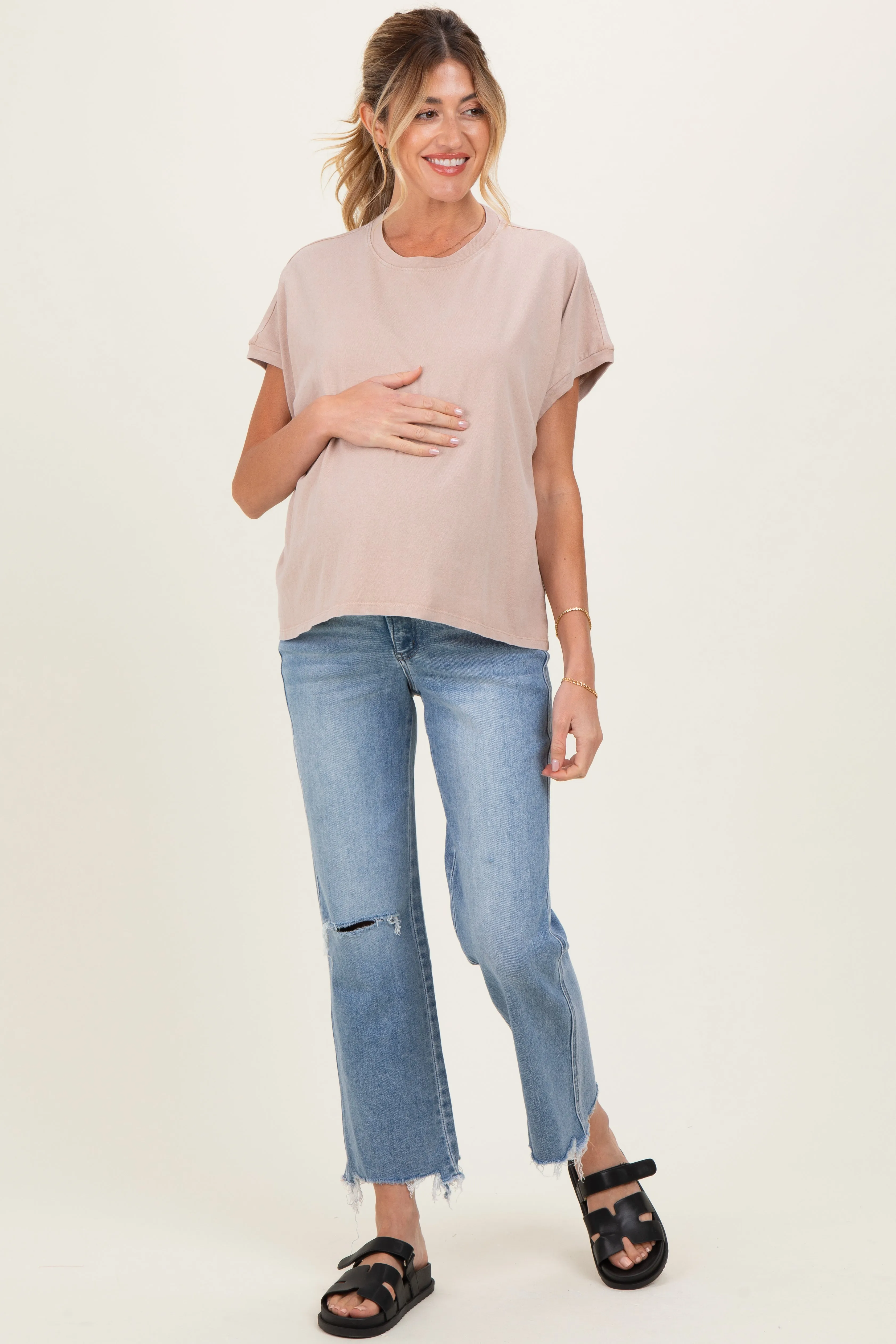 Light Blue Distressed Open Knee Fray Hem Straight Leg Maternity Jeans sold by Pinkblush