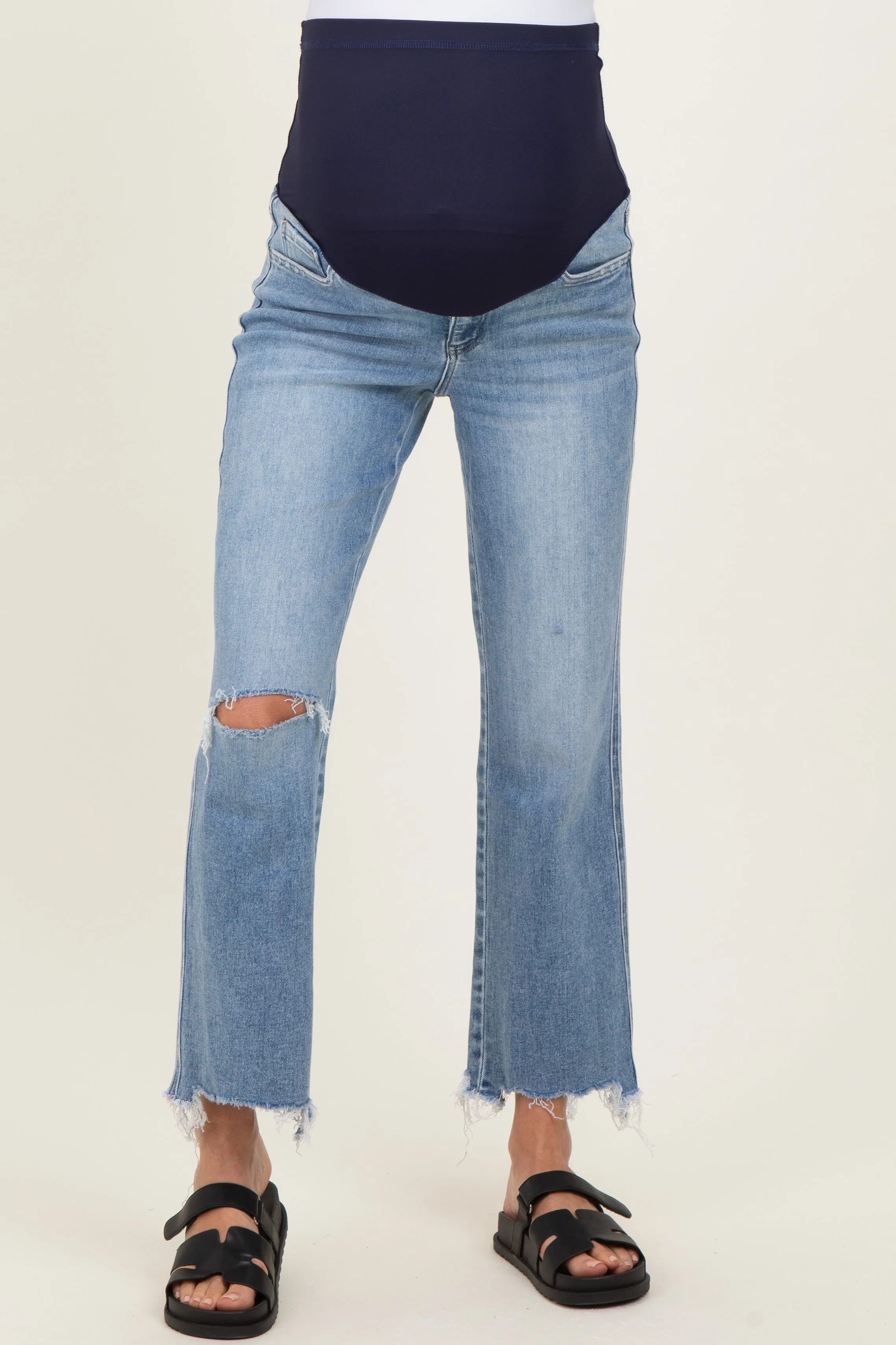 Light Blue Distressed Open Knee Fray Hem Straight Leg Maternity Jeans sold by Pinkblush product image thumbnail 2