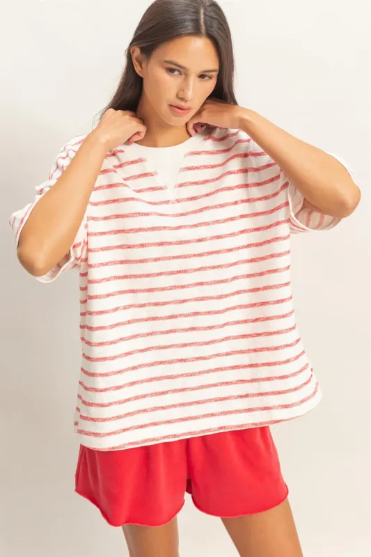 Red Oversized Striped Short Sleeve Top made by HYFVE
