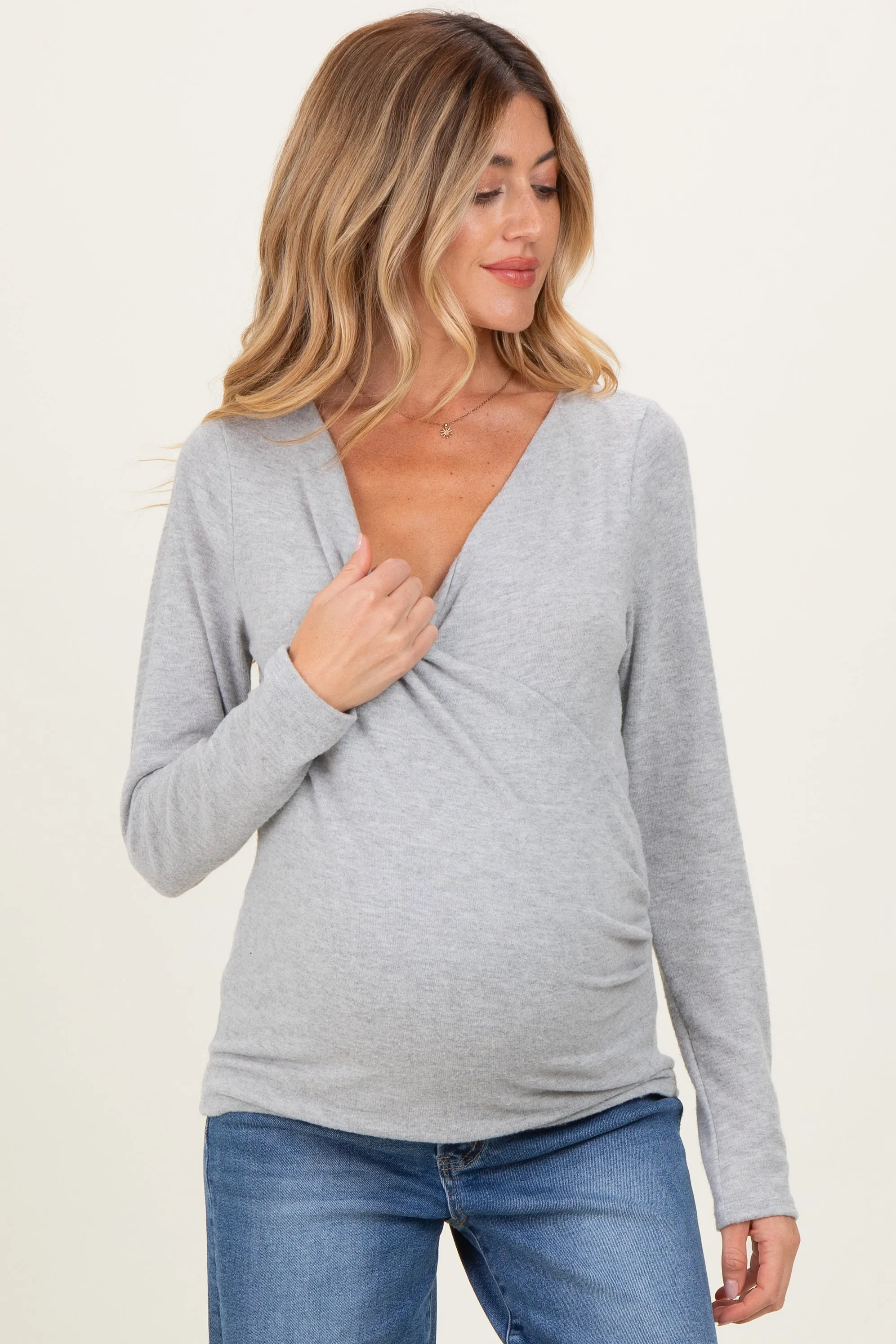 Heather Gray Brushed Knit Wrap Front Maternity Top sold by Pinkblush
