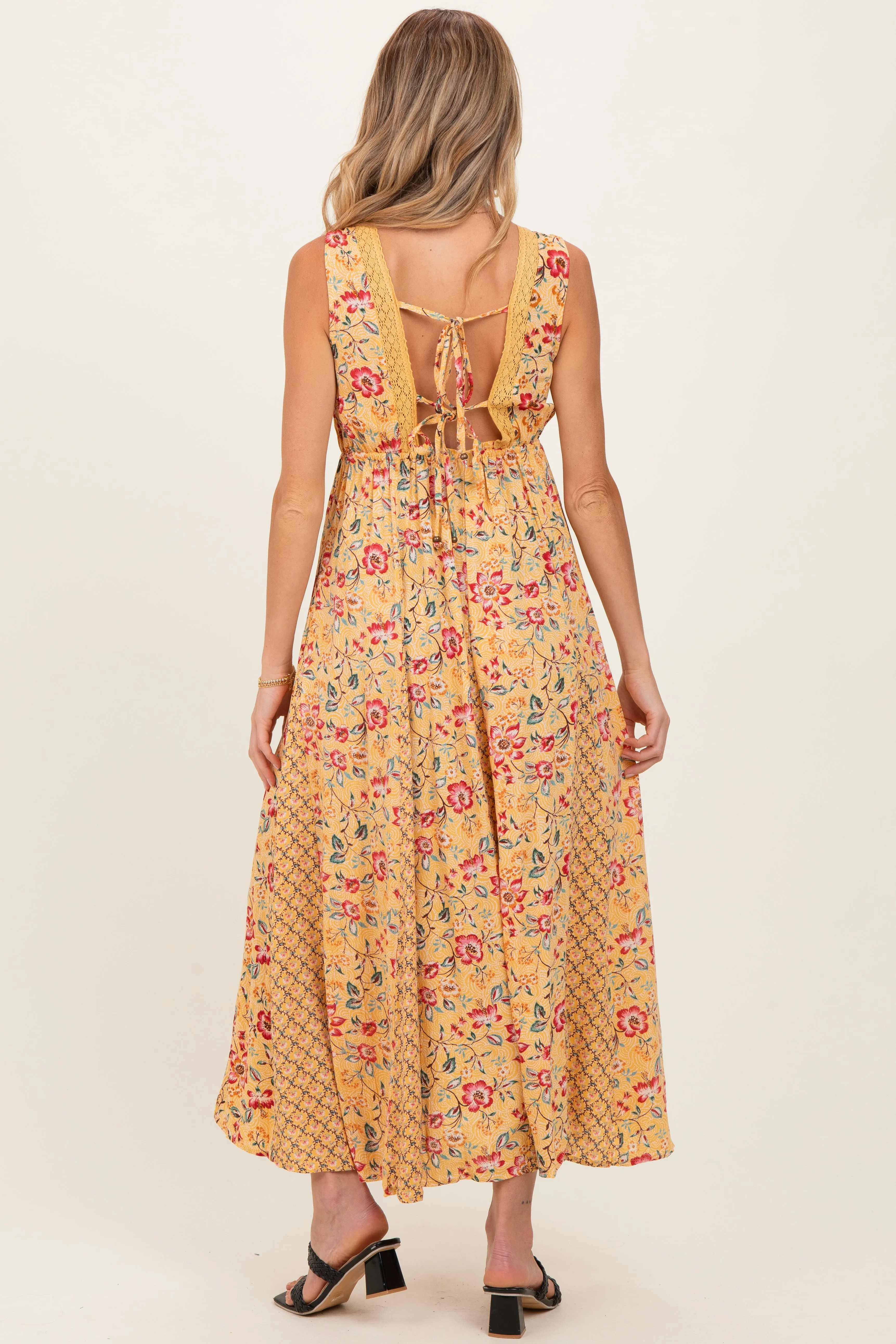 Yellow V Neck Lace Trim Twin Print Maternity Maxi Tank Dress sold by Pinkblush product image thumbnail 3