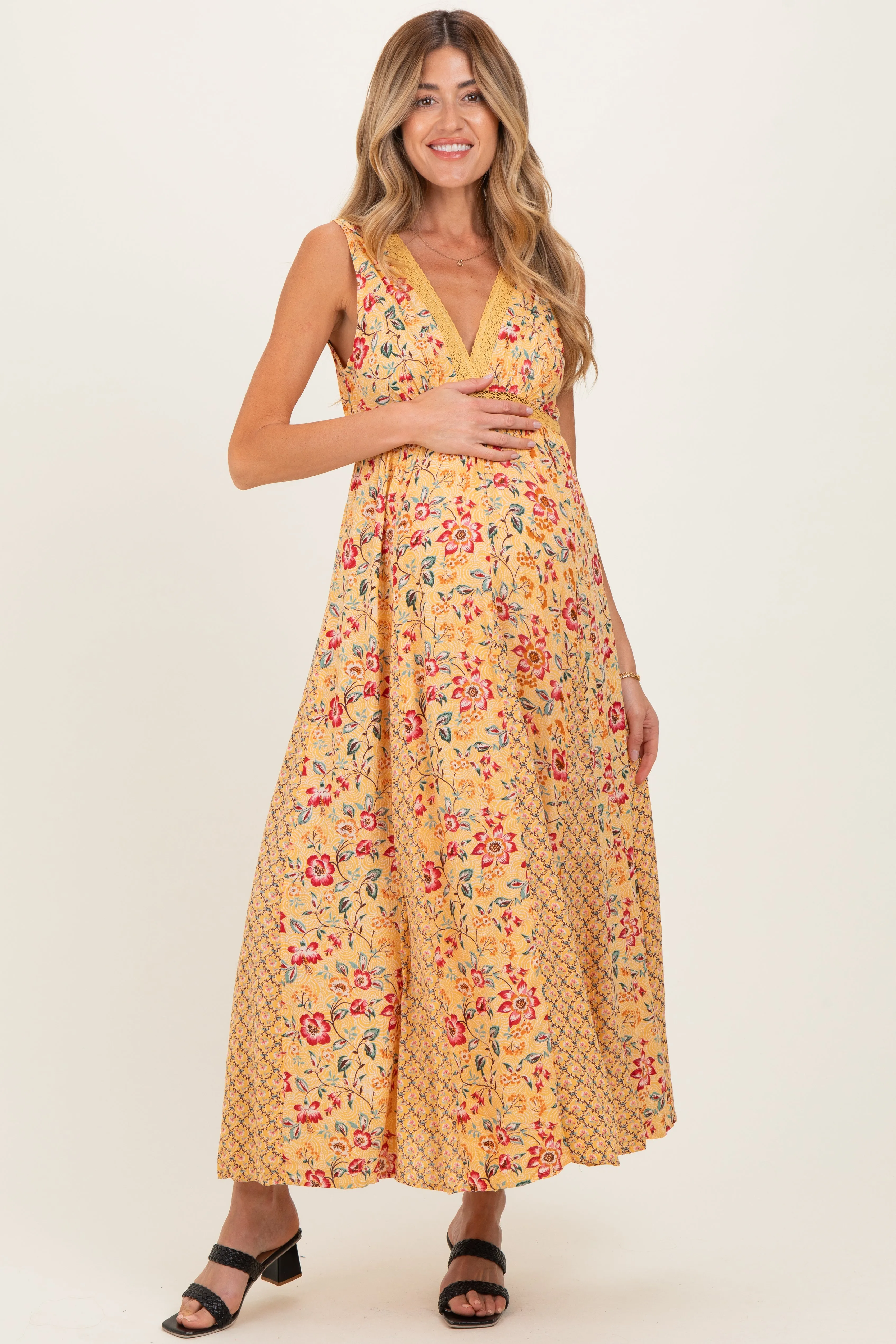 Yellow V Neck Lace Trim Twin Print Maternity Maxi Tank Dress sold by Pinkblush