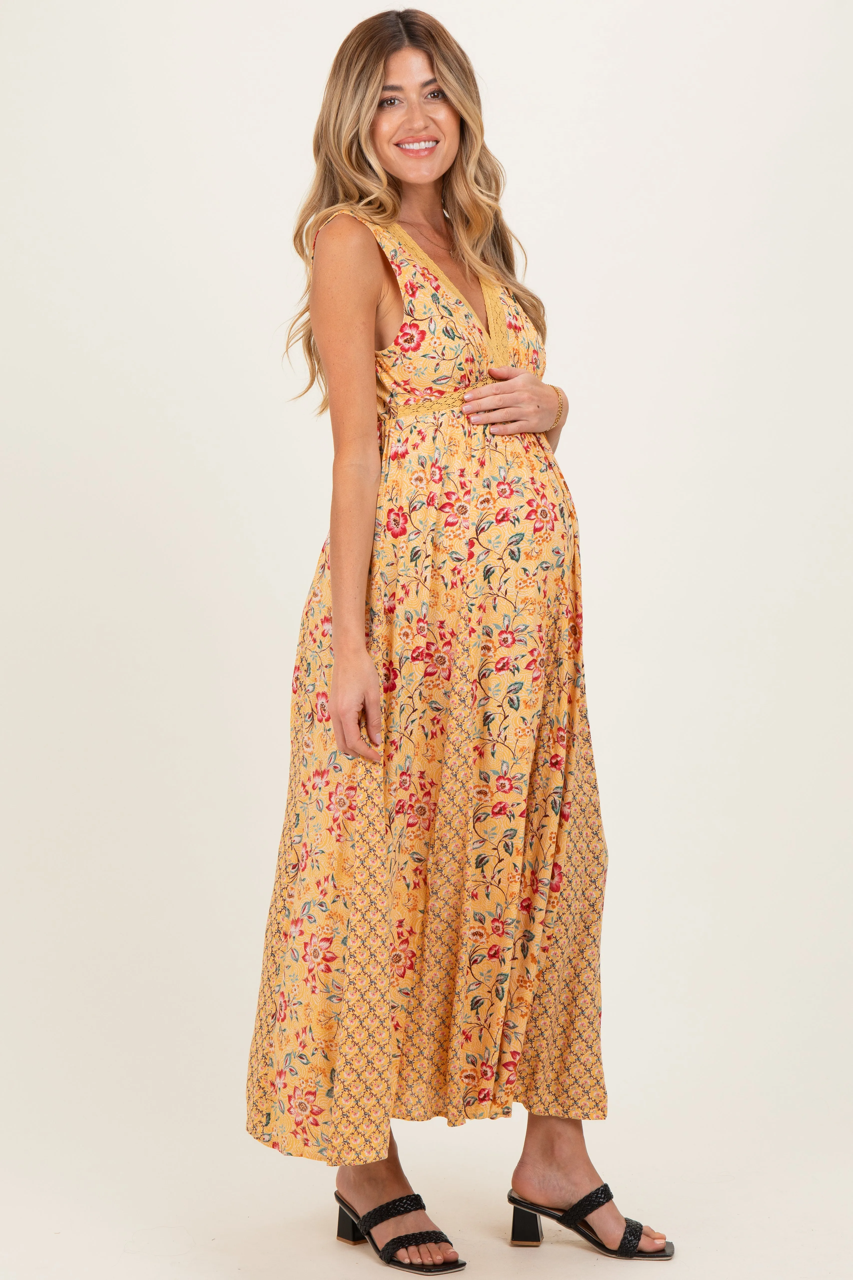 Yellow V Neck Lace Trim Twin Print Maternity Maxi Tank Dress sold by Pinkblush product image thumbnail 2