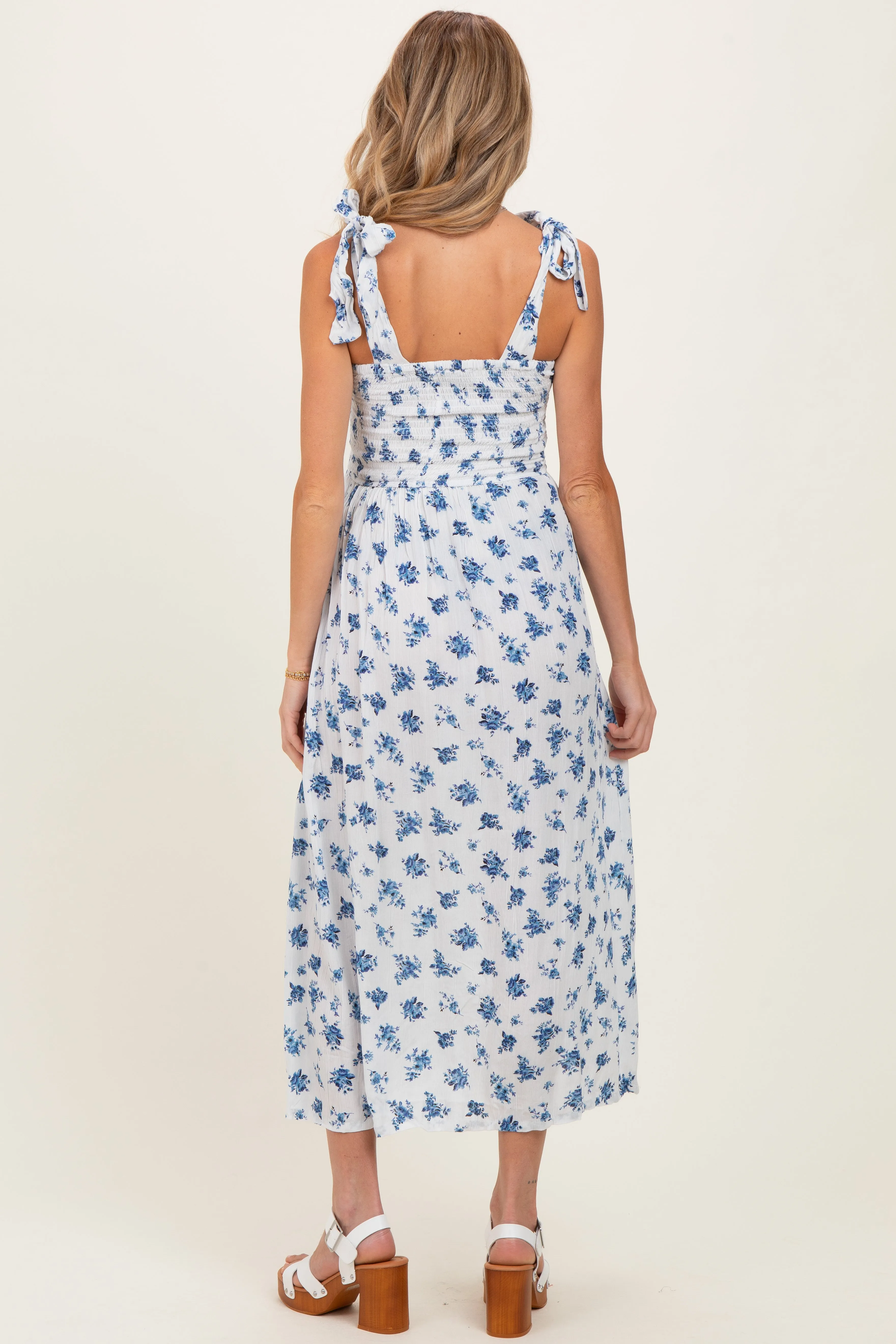 Ivory Smocked Bodice Tie Straps Floral Print Maternity Maxi Dress sold by Pinkblush product image thumbnail 3