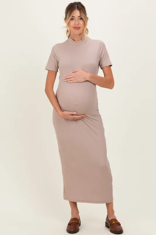Mocha Ribbed Mock Neck Short Sleeve Maternity Midi Dress made by Pinkblush