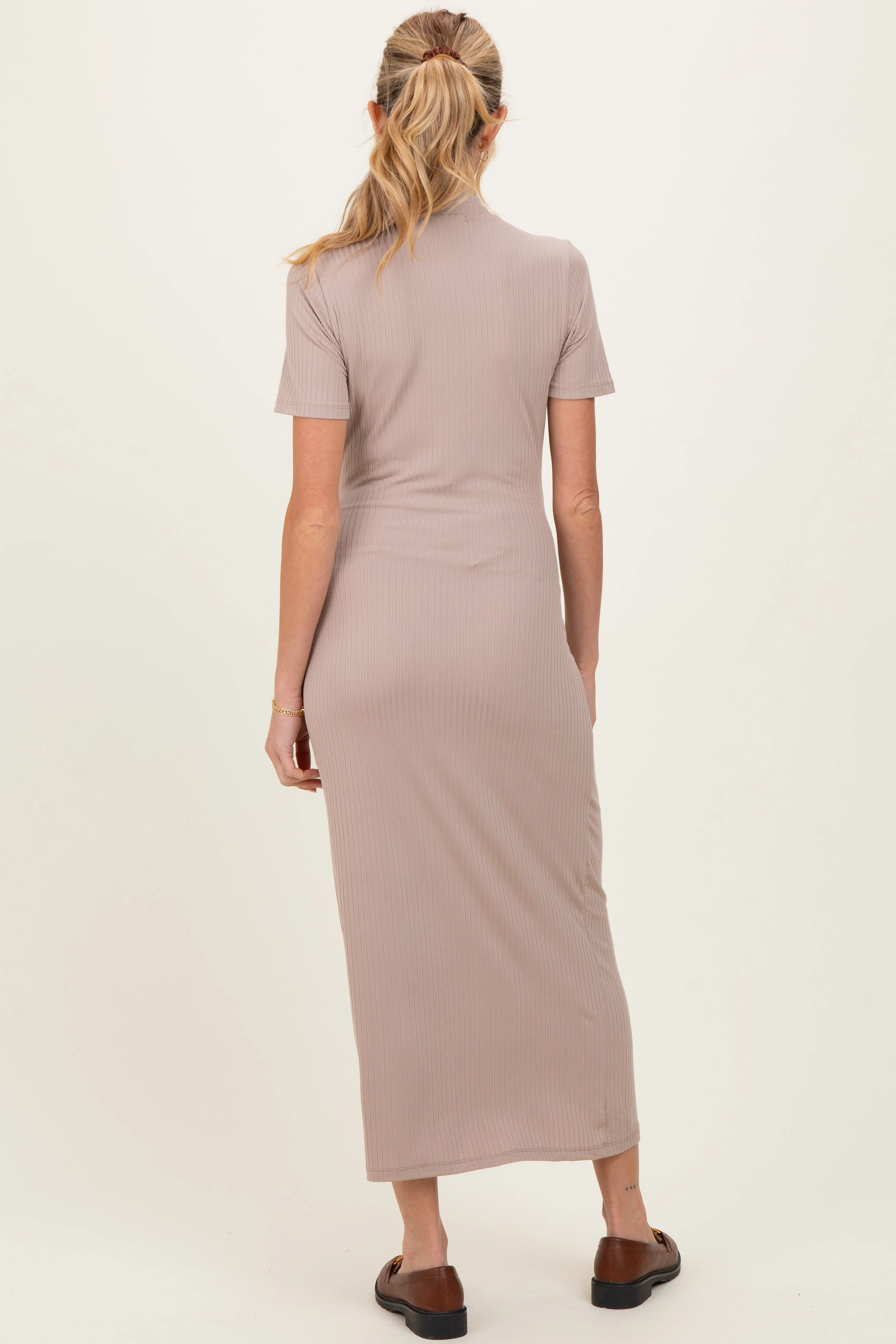 Mocha Ribbed Mock Neck Short Sleeve Maternity Midi Dress sold by Pinkblush product image thumbnail 3
