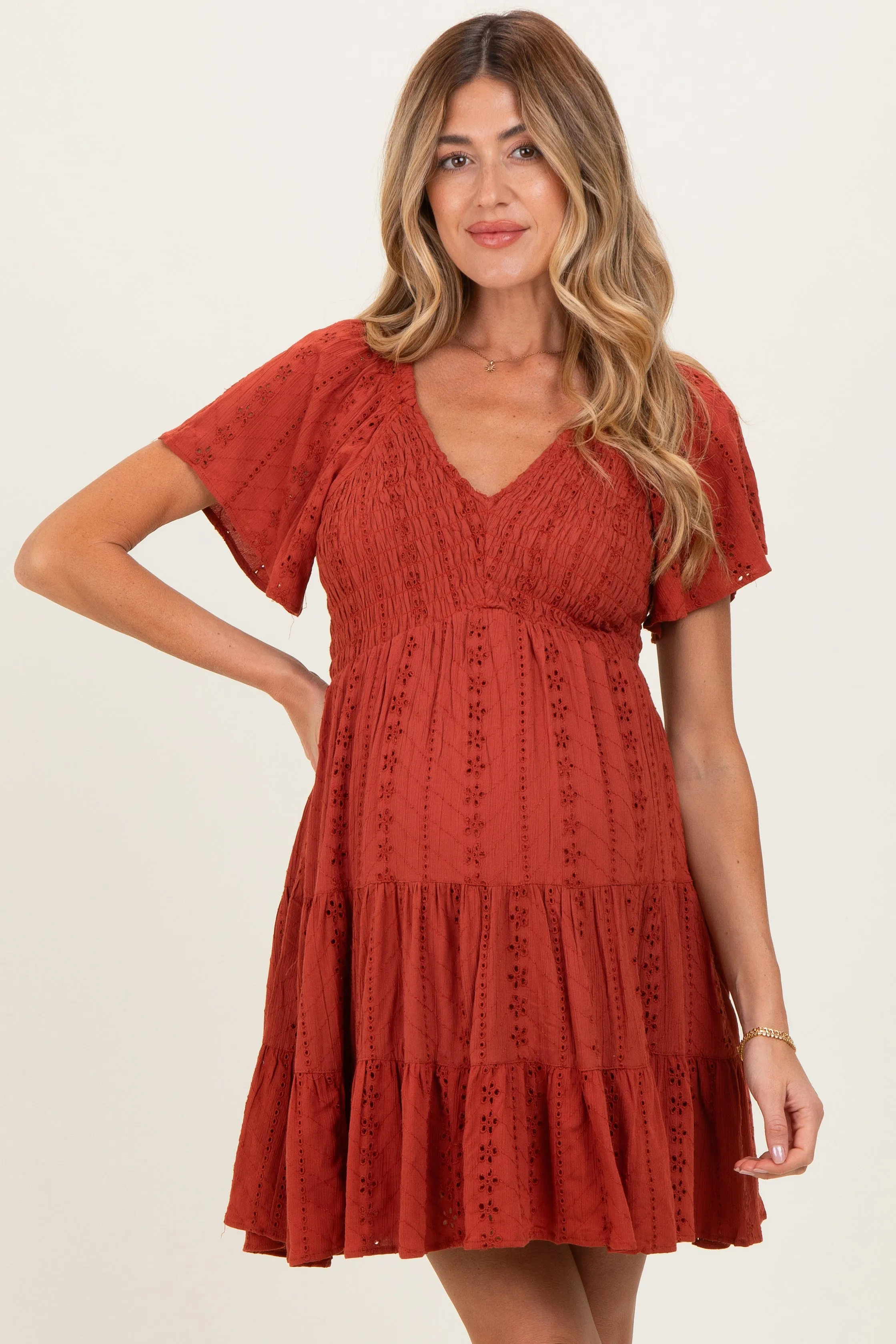 Rust Eyelet Embroidered V Neck Smocked Bodice Maternity Dress sold by Pinkblush product image thumbnail 2