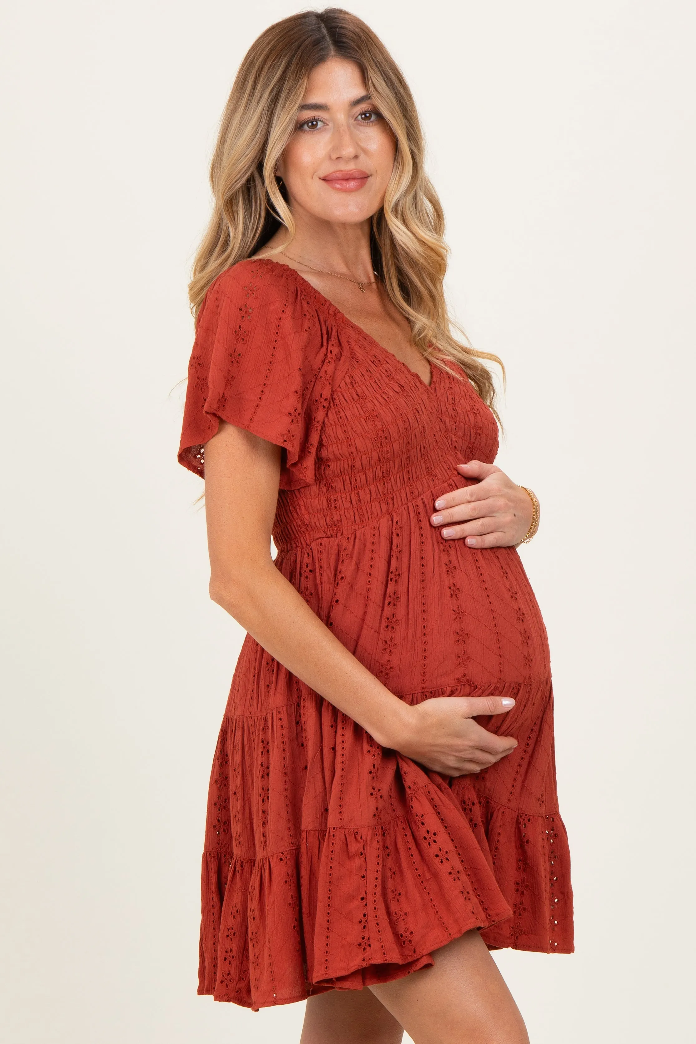 Rust Eyelet Embroidered V Neck Smocked Bodice Maternity Dress sold by Pinkblush product image thumbnail 3