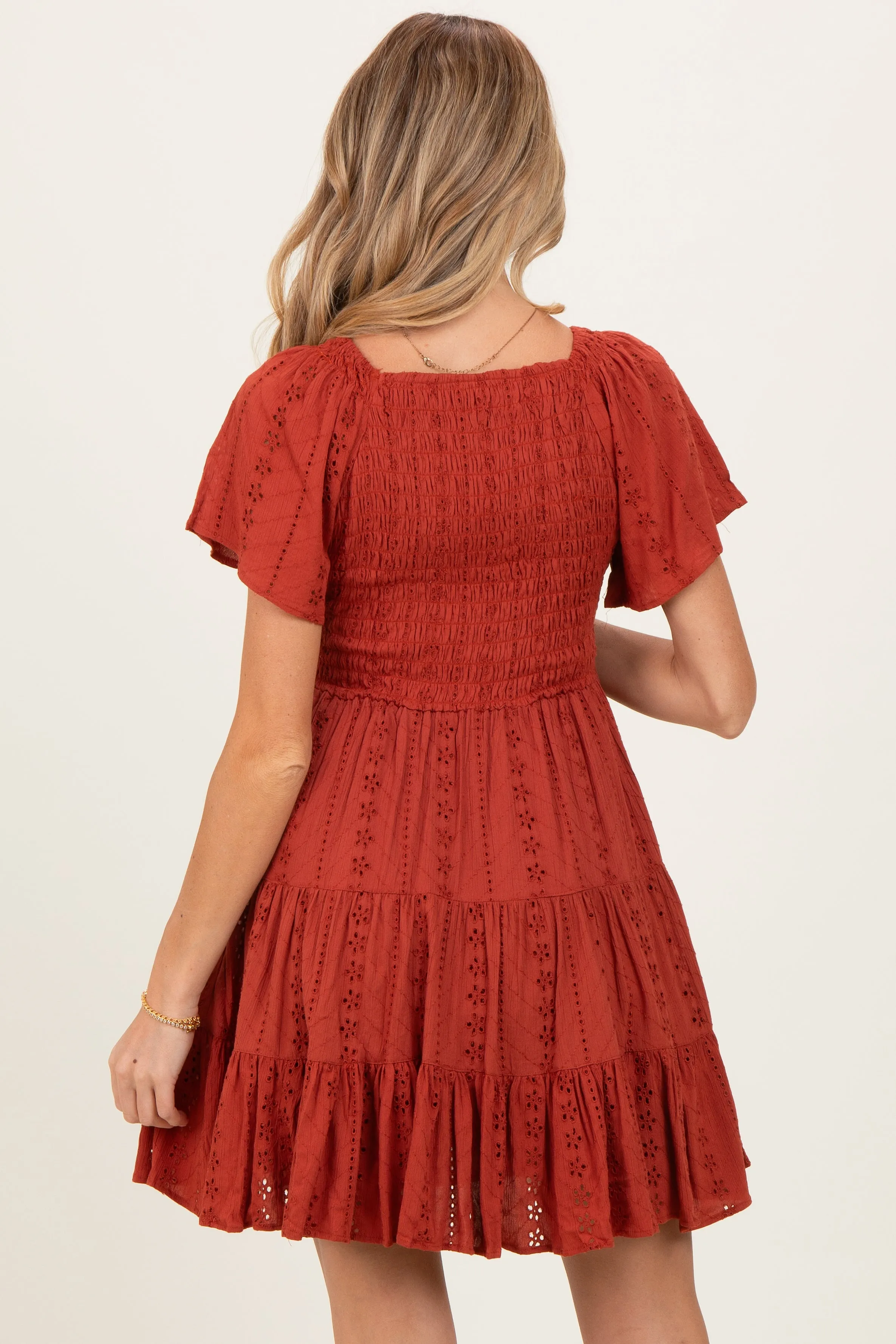 Rust Eyelet Embroidered V Neck Smocked Bodice Maternity Dress sold by Pinkblush product image thumbnail 4