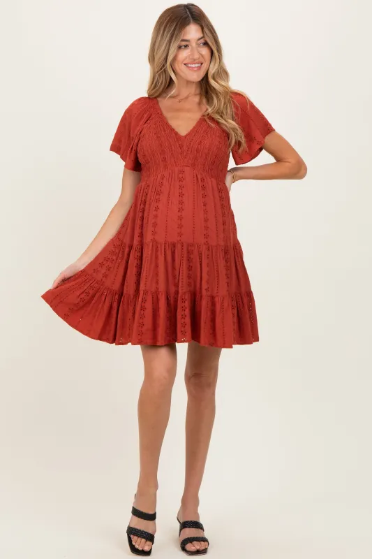 Rust Eyelet Embroidered V Neck Smocked Bodice Maternity Dress made by Angie