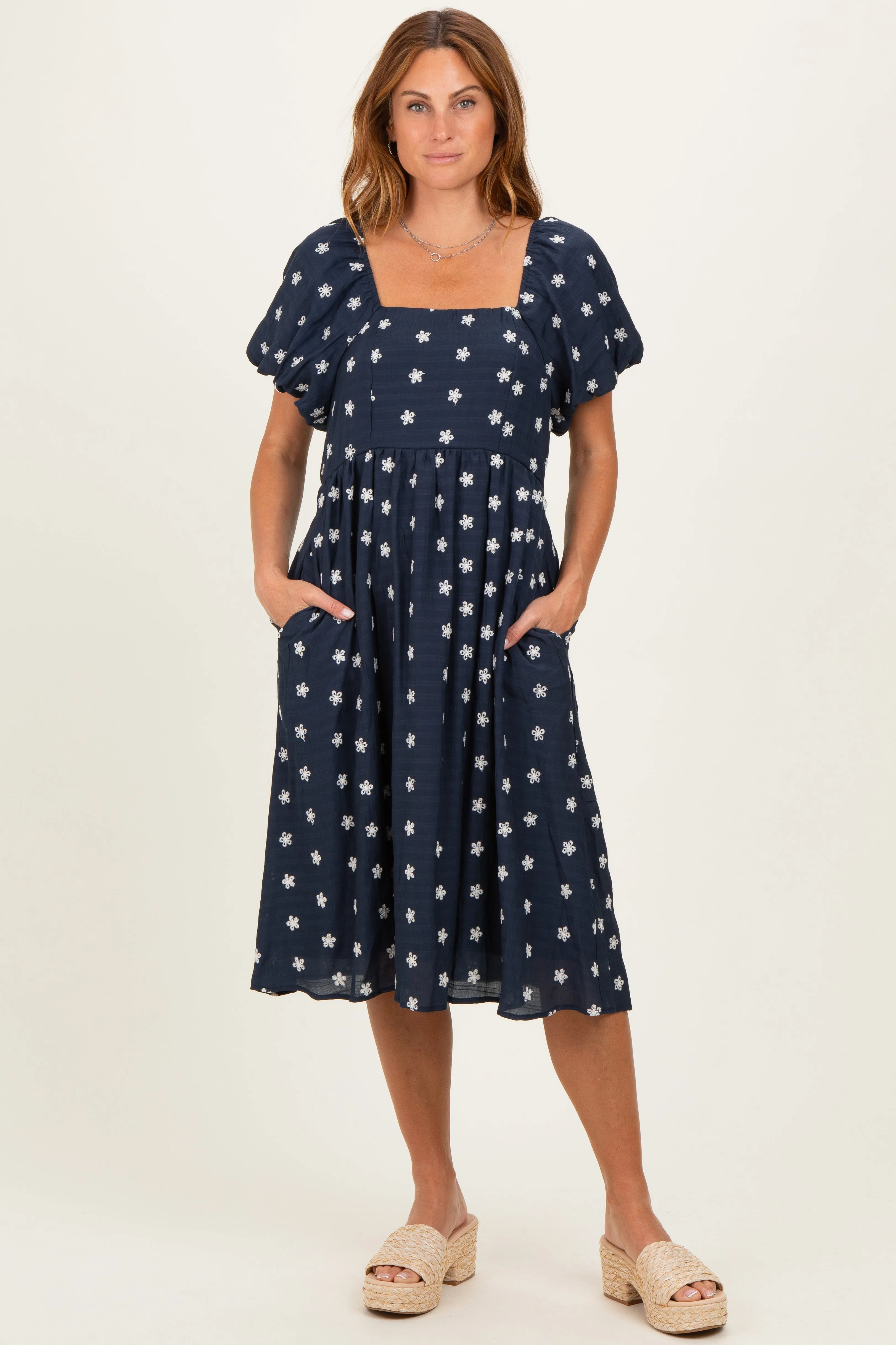 Navy Blue Floral Embroidered Short Sleeve Dress sold by Pinkblush