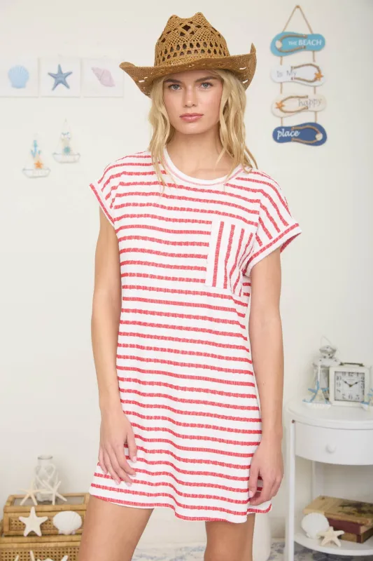 Red Textured Stripe Knit T-Shirt Dress made by Blu Pepper