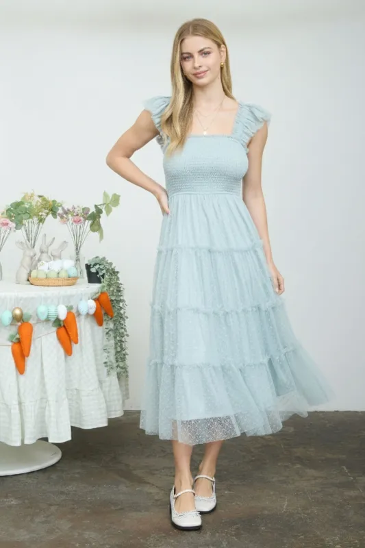 Sage Smocked Polka Dot Tulle Midi Dress made by Blu Pepper