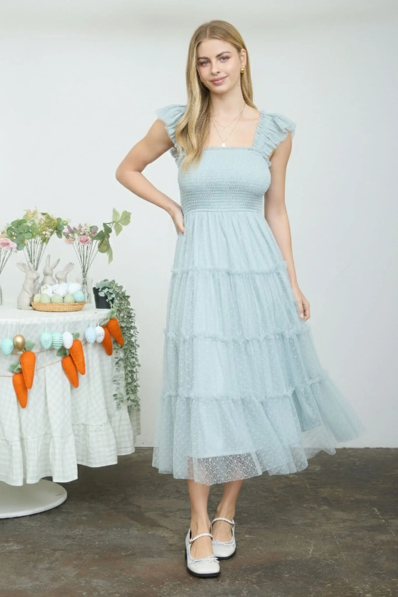 Sage Smocked Polka Dot Tulle Midi Dress sold by Pinkblush