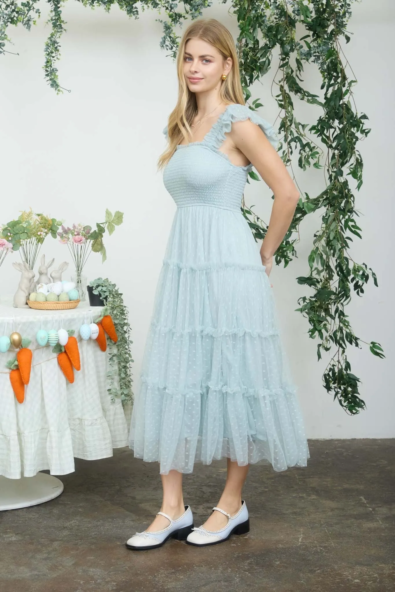 Sage Smocked Polka Dot Tulle Midi Dress sold by Pinkblush product image thumbnail 3