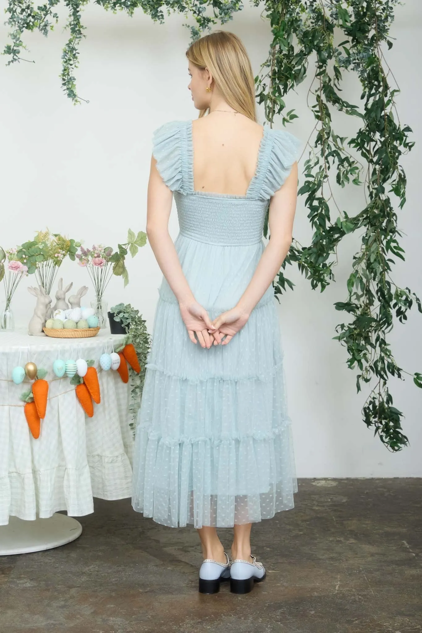 Sage Smocked Polka Dot Tulle Midi Dress sold by Pinkblush product image thumbnail 4