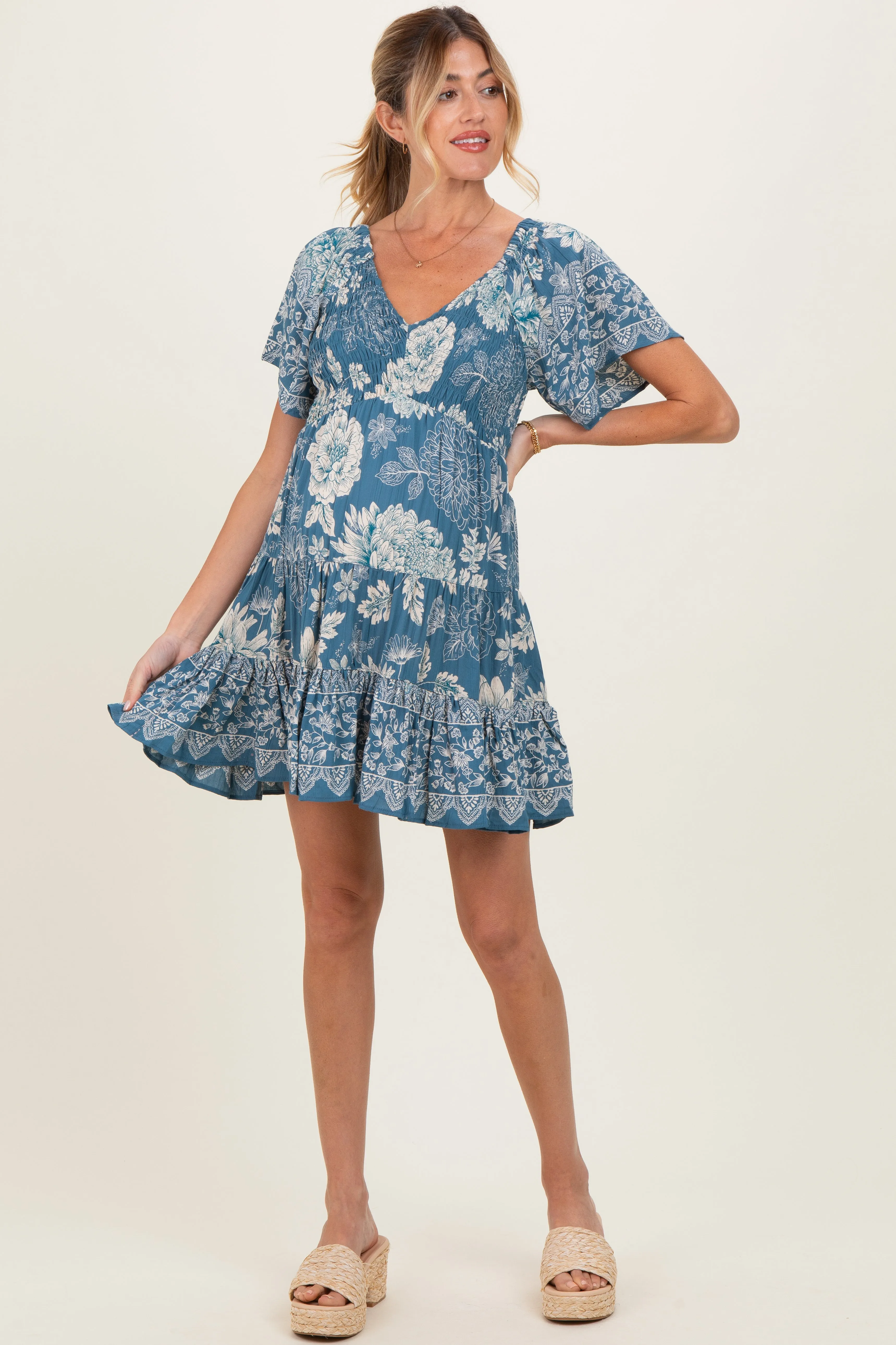 Green Short Sleeve Floral Smocked Bodice Maternity Dress sold by Pinkblush