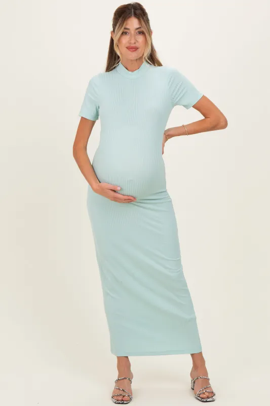 Mint Ribbed Mock Neck Short Sleeve Maternity Midi Dress made by Pinkblush