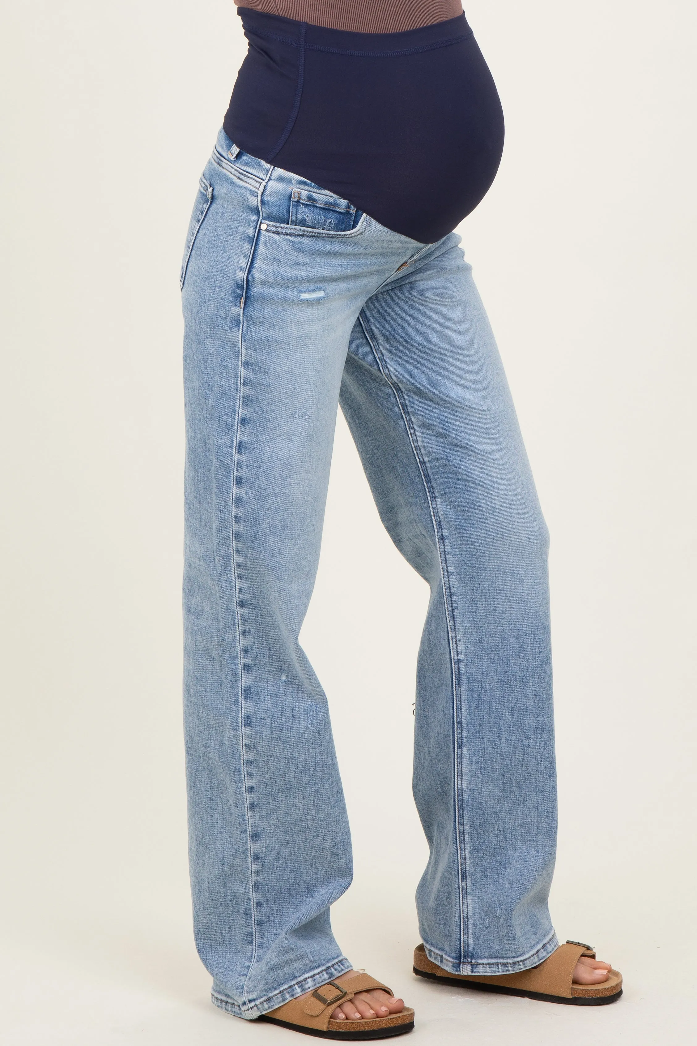 Blue Lightly Distressed Maternity Wide Leg Jeans sold by Pinkblush product image thumbnail 3
