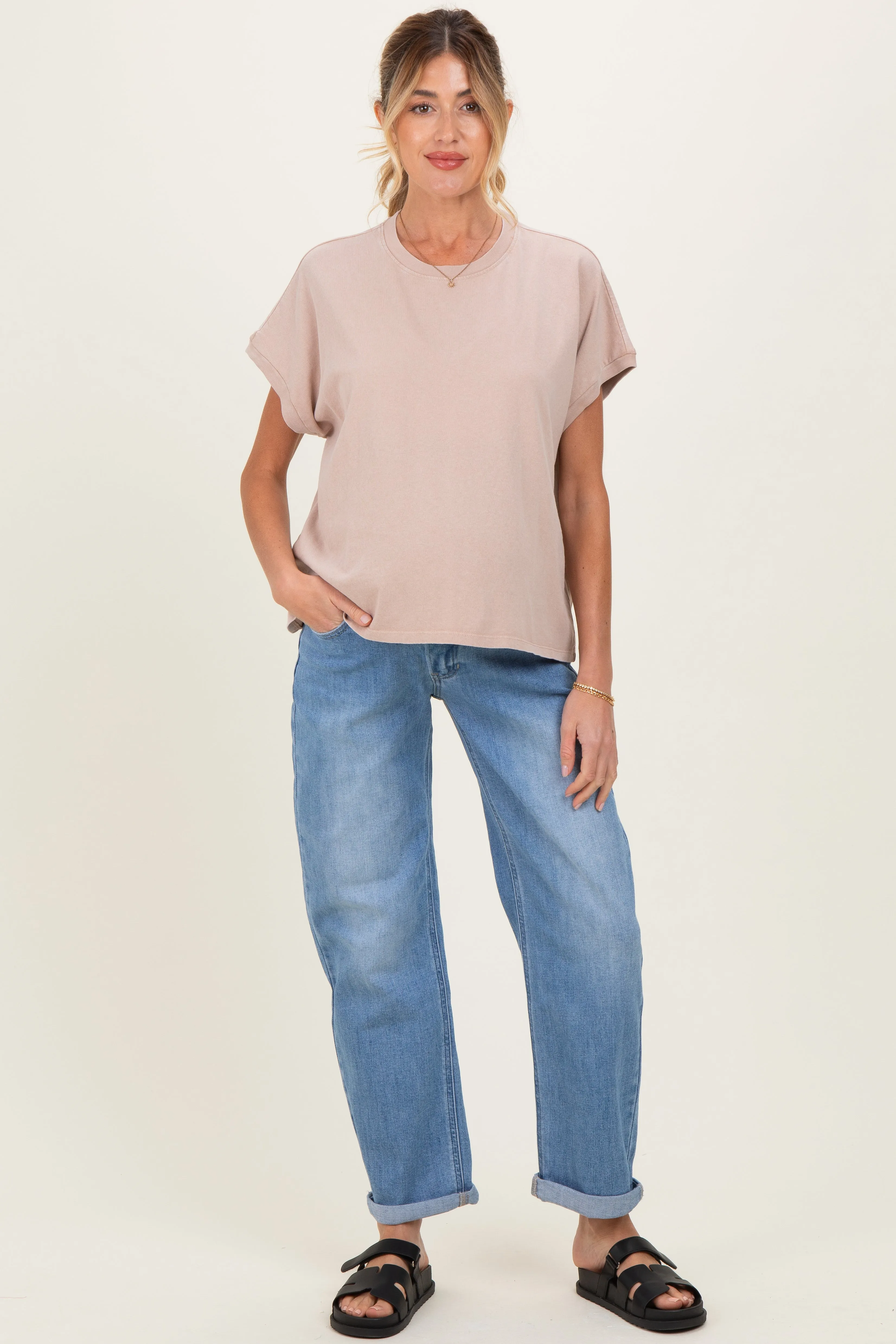 Light Denim Slim Stretch Barrel Cuff Maternity Jeans sold by Pinkblush