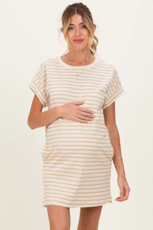 Taupe Striped Maternity T-Shirt Mini Dress made by HYFVE