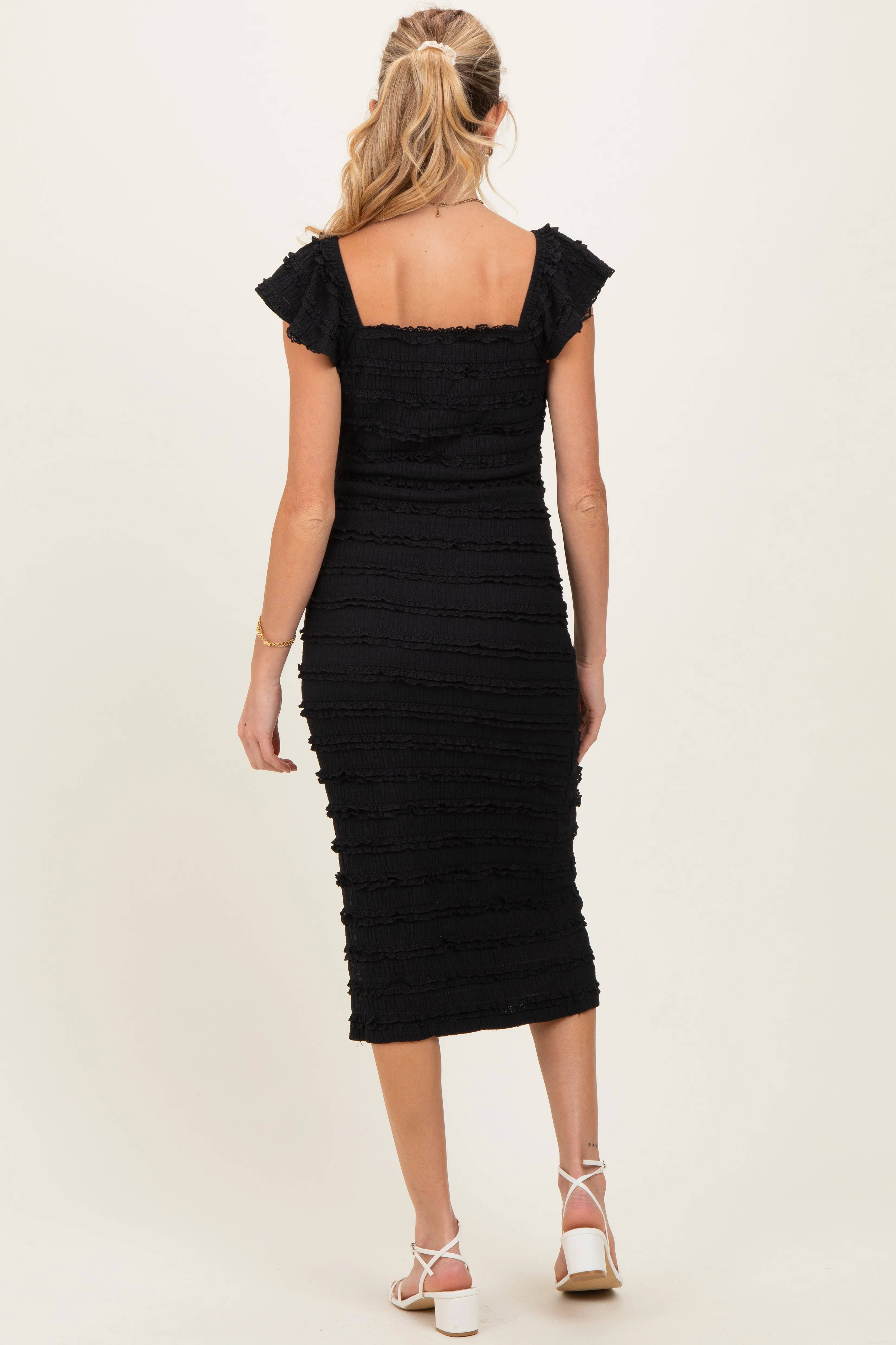 Black Smocked Ruffle Tier Maternity Midi Dress sold by Pinkblush product image thumbnail 2