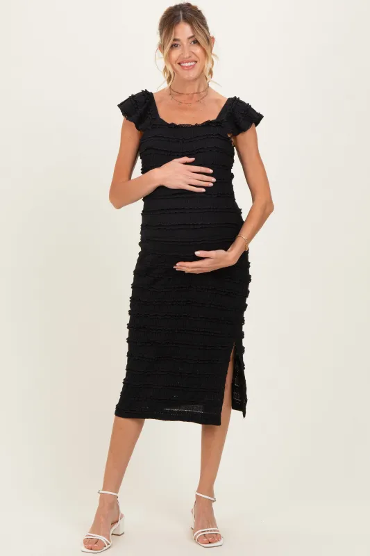 Black Smocked Ruffle Tier Maternity Midi Dress made by Pinkblush