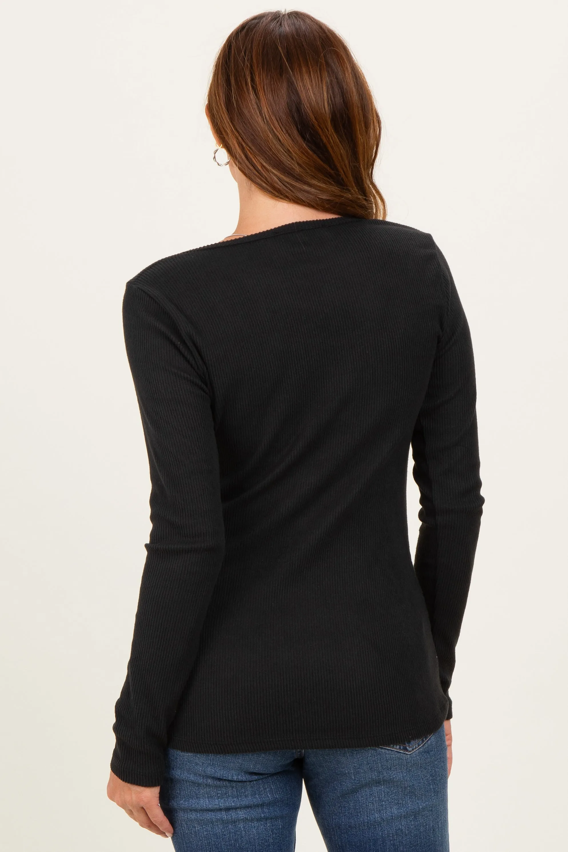Black Solid Ribbed Brushed Long Sleeve Button Down Round Neck Top sold by Pinkblush product image thumbnail 5