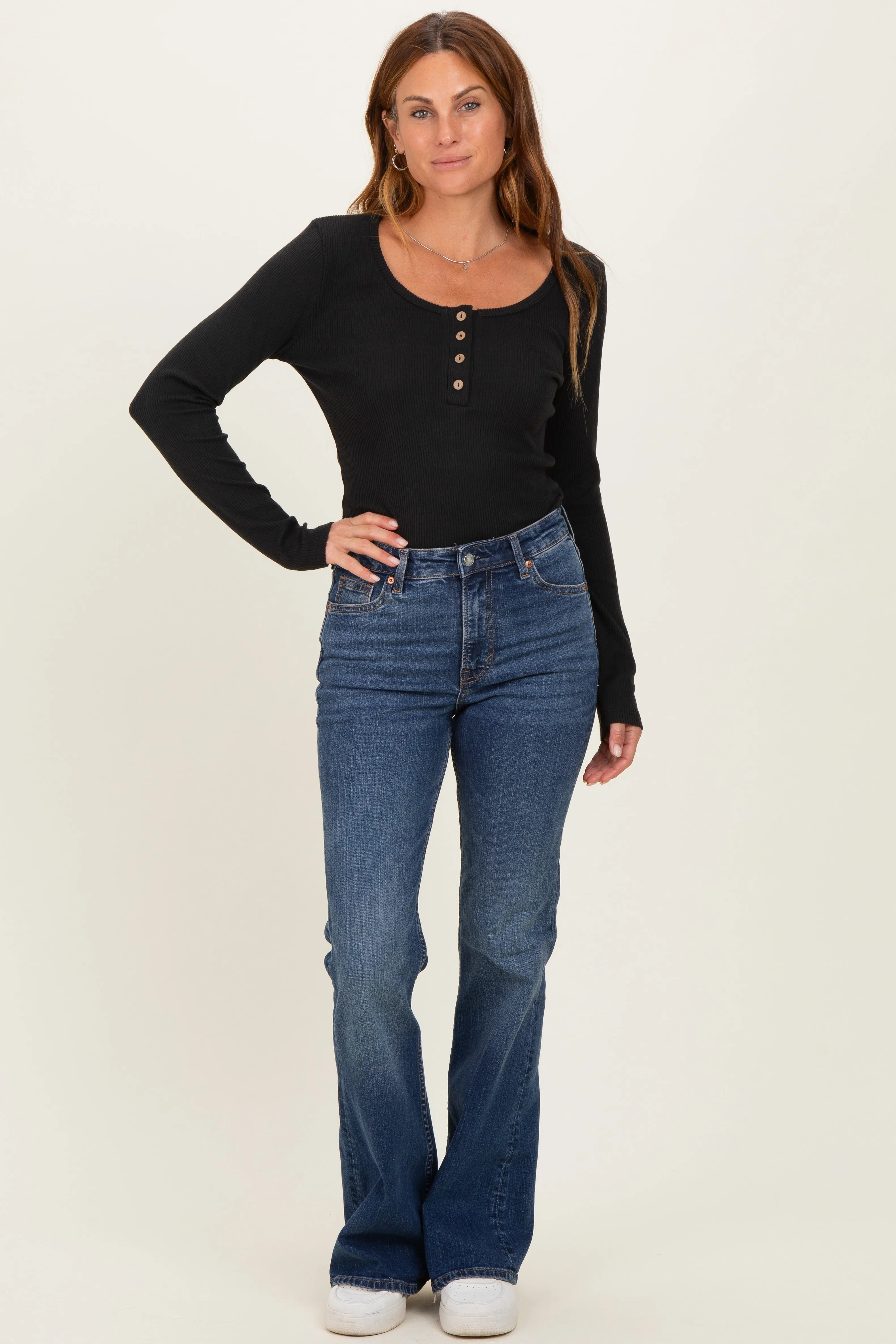 Black Solid Ribbed Brushed Long Sleeve Button Down Round Neck Top sold by Pinkblush product image thumbnail 2